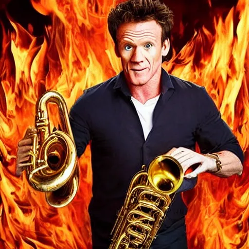 Image similar to gordan ramsay playing the saxaphone in hell surrounded by fire