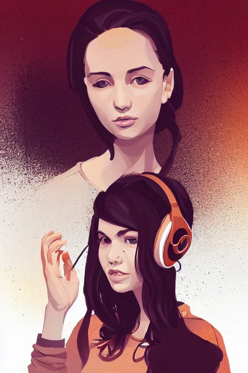 Image similar to portrait georgian girl looking to the right, wearing beats headphones. short brown hair, white jumper. lit from the right side, orange light. centered median photoshop filter cutout vector behance hd artgerm jesper ejsing!