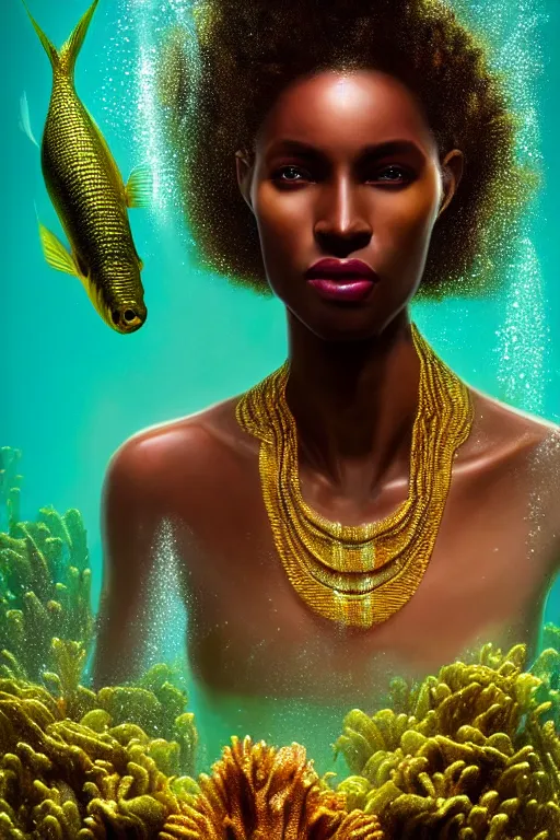 Image similar to hyperrealistic precisionist cinematic underwater scene with fish and algae, very expressive! translucent elegant african goddess, full body, gold jewerly, highly detailed face, digital art masterpiece, eric zener aykut aydogdu, volumetric light, long shot, low angle uhd 8 k, sharp focus