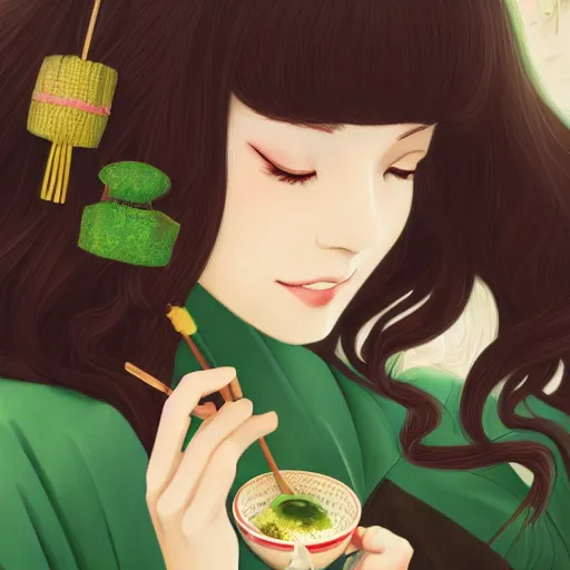 Image similar to a beautiful woman with long dark brown hair and green eyes wearing a kimono while eating dango, japanese street landscape, 4k, anime key visual, lois van baarle, ilya kuvshinov, rossdraws, artstation