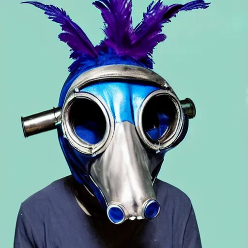 Image similar to A 4 legged tall alien creature with a hump covered in blue and magenta feathers, a long boney neck and face representing a plague doctor mask, high quality, hyper realistic