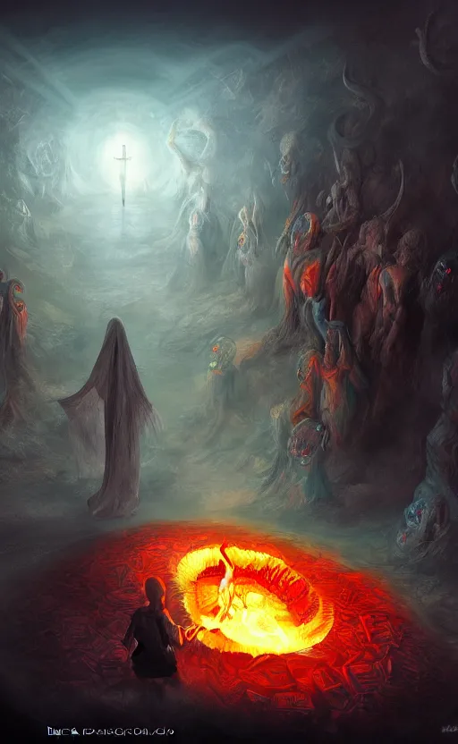 Image similar to Meeting God in Hell, digital art, trending on art station