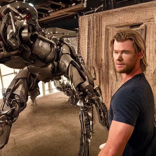 Prompt: animatronic Chris Hemsworth, exposed mechanics, photo, Stan Winston studios, detailed, 4k