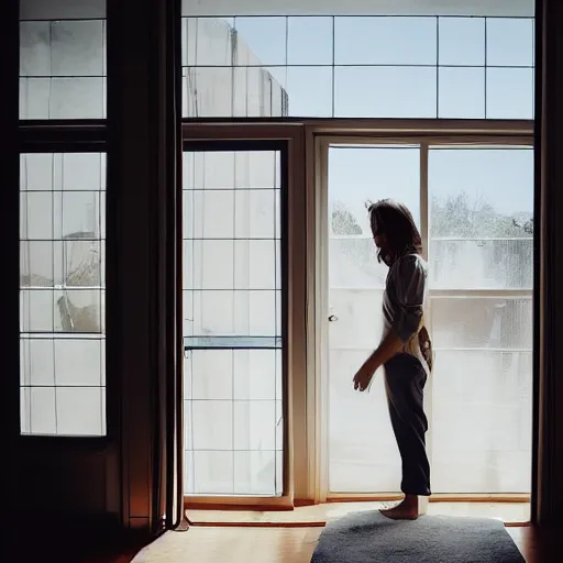 Image similar to person in pyjamas standing near window, turned back to camera, cinematography, sun rays, daylight, big french door window, big spatious room, carpet at the floor, wide shot 2 4 mm, anamorphic shot lens, walls at left and right sides, window at the center, wooden floor, modern, winter sun, photorealistic, high ceiling