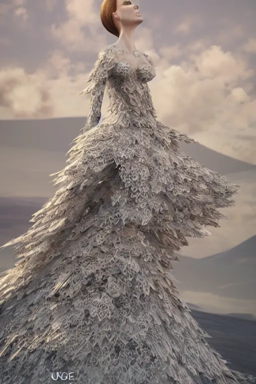 Image similar to a beautiful hyperrealistic ultradetailed 3D, one girl in a magnificent McQueen couture dress stands near a volcano, voge photo, fashion style, fullbody, in full growth, photorealistic, high resolution, trending on artstation, highly detailed, volumetric lighting, elegant, details, good clear quality, volumetric lighting,