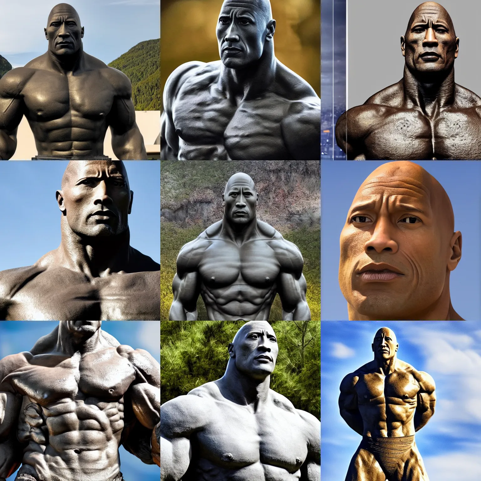 Prompt: a stone statue of dwayne the rock johnson,realistic,ultra detailed,ultra realistic,real life,award winning photograph,4k,detailed face
