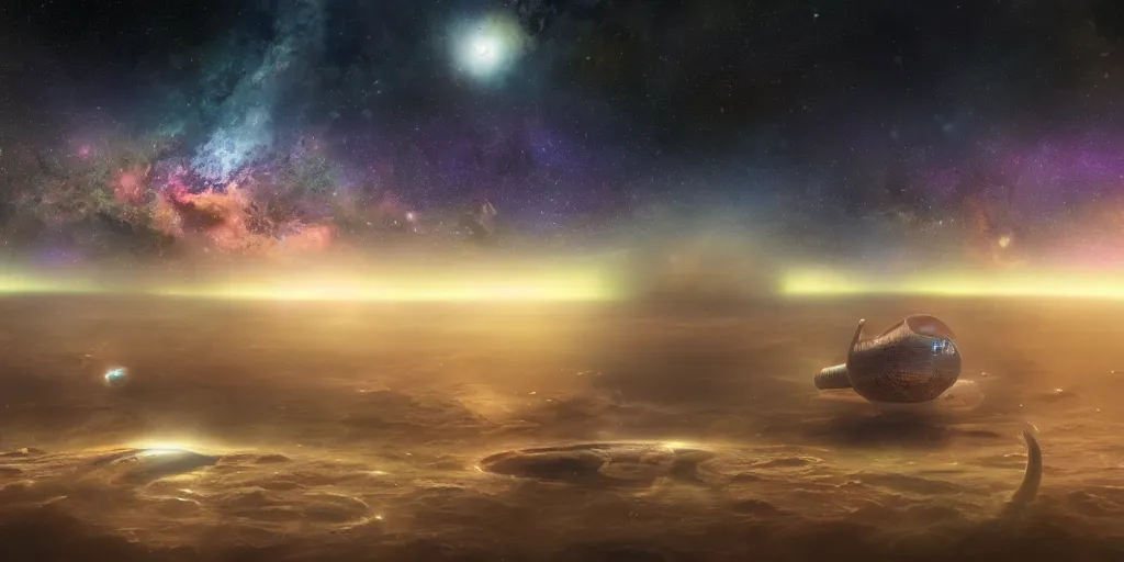 Image similar to astrological universe projected onto a cosmic radiation background, milky way galaxy in the distance, cosmic nebulous clouds, alien aircraft superstructure, highly detailed spaceport, octane render, photorealistic illustration, colored pencil art, doug tenpal style, 8 k resolution,