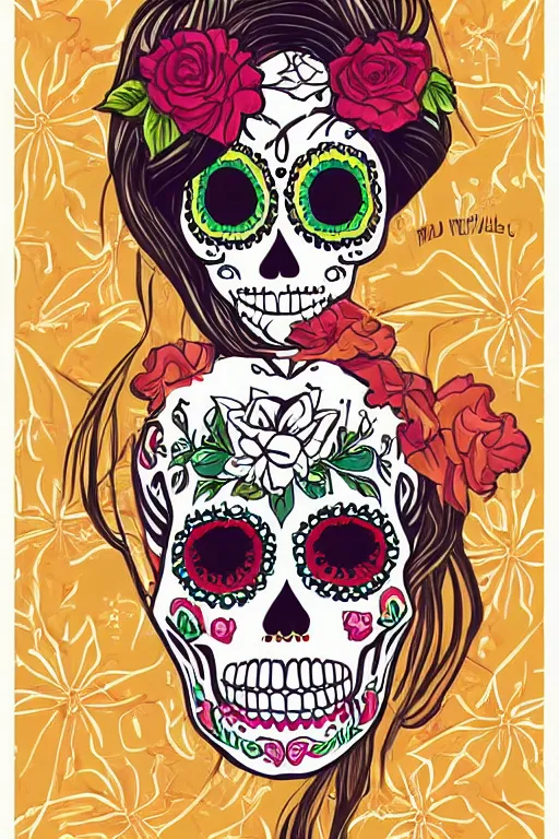 Prompt: Illustration of a sugar skull day of the dead girl, art by mike worall