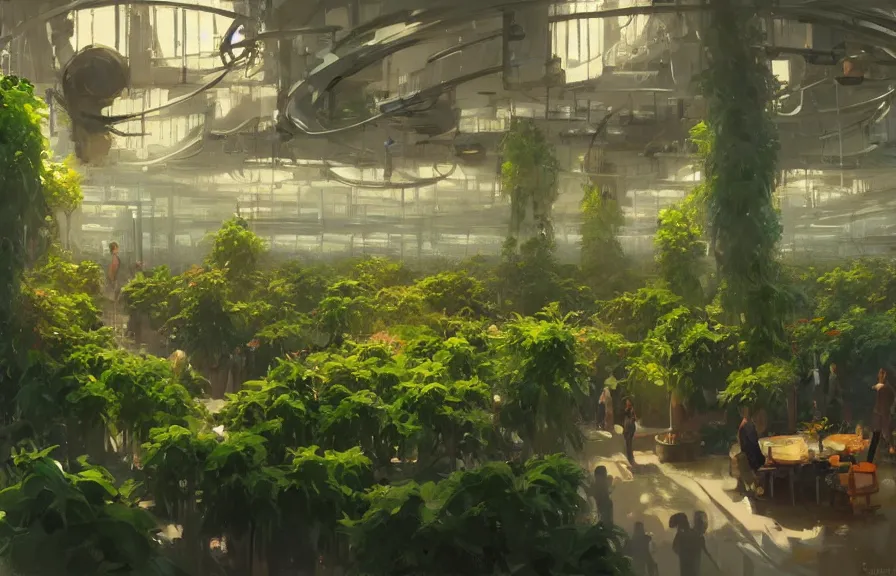 Image similar to greg manchess concept art of a lush indoor hydroponics lab in a far - future utopian city, key visual, ambient lighting, highly detailed, digital painting, artstation, concept art, sharp focus, by makoto shinkai and akihiko yoshida and hidari and wlop