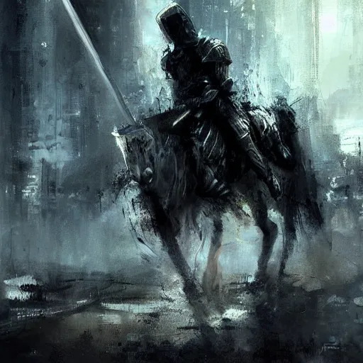 Image similar to knight holds sword made of lightning enemies everywhere, realistic, ultrahd, jeremy mann painting