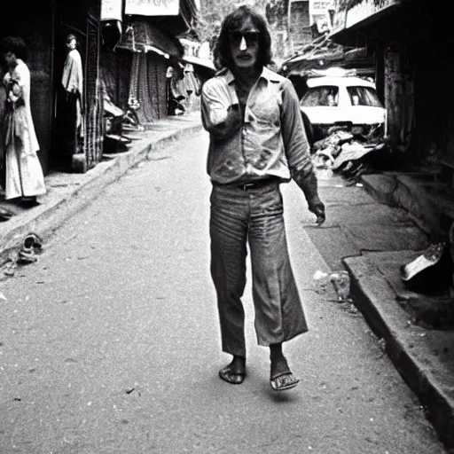 Prompt: john lennon walking barefoot on the streets of kathmandu, 1970s vintage photo