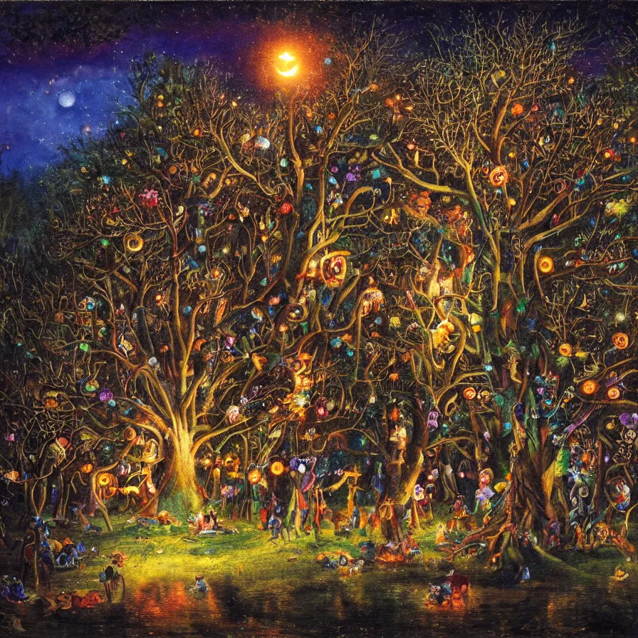 Image similar to a night carnival around a magical tree cavity, with a surreal orange moonlight and fireworks in the background, next to a lake with iridiscent water, christmas lights, folklore animals and people disguised as fantastic creatures in a magical forest by summer night, masterpiece painted by karl briulov, dark night environment