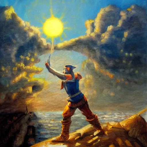 Prompt: a thief stealing the sun, oil painting, realistic, epic, fantasy