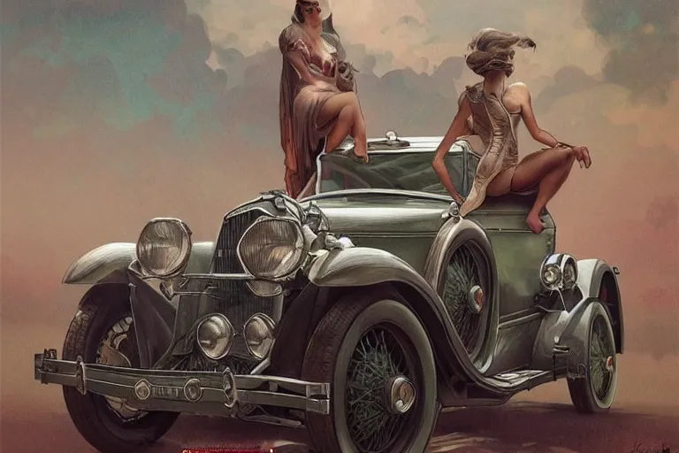 Prompt: 1930 car, fantasy, elegant, intricate, highly detailed, digital painting, artstation, concept art, sharp focus, illustration, art by artgerm and greg rutkowski and alphonse mucha