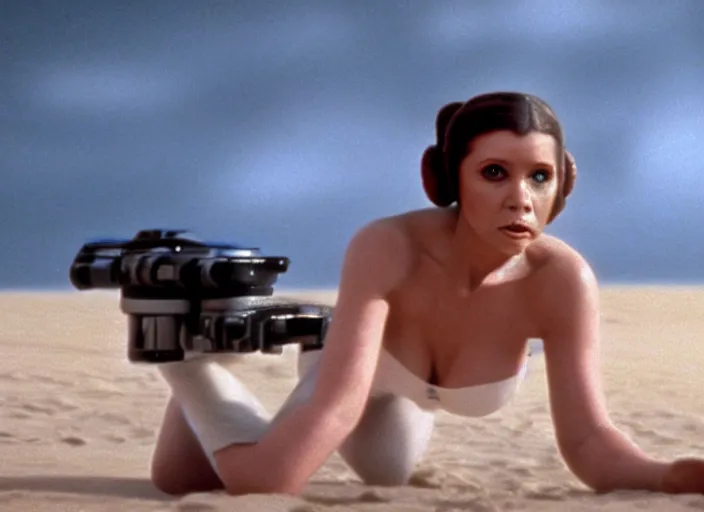 Image similar to glamour portrait of Princess Leia, played by Carrie Fischer, in thin bikini lightsaber training on beach planet, iconic scene from the 1980s film directed by George Lucas, cinematic lighting, hyper real, stunning cinematography, with anamorphic lenses, crisp, detailed portrait, 4k image