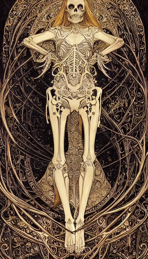 Image similar to a skeleton in a black cloak, highly detailed, very intricate, art nouveau, gold filigree, left right symmetry, tarot concept art watercolor illustration by mandy jurgens and alphonse mucha and alena aenami, featured on artstation