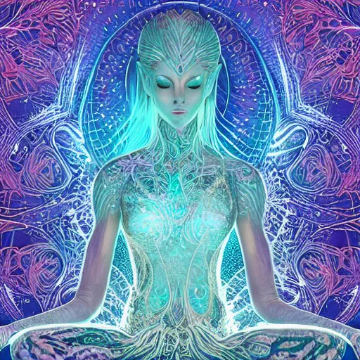 Image similar to glowing cracks, elven princess, meditating, peaceful, levitating, powerful, blossoming, lotus pose, zen, glowing, fractal background, ascending, detailed, realistic, digital art, fantasy, trending on artstation, cinematic, movie clip, visionary art, intricate pattern, subtle pattern, detailed texture, fractal texture, flowing, engraved texture, sacred geometry pattern, symmetry, perfect, perfect face, facial beauty, pretty, attractive, by peter morhbacher, dmt temple, godlike, pearlescent, matte painting, highly detailed painting, light, light being, feathered, smooth, radial color dispersion, color dispersion, portal, black hole, realms, surreal, surrealist, impressionism, mist, fog, smoke
