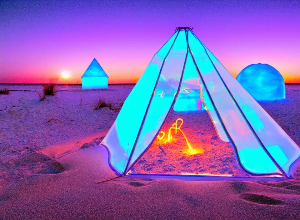 Image similar to a vintage family holiday photo of an empty beach from an alien dreamstate world with chalky pink iridescent!! sand, reflective lavender ocean water, dim bioluminescent plant life and an igloo shaped plastic transparent bell tent surrounded by holiday clutter opposite a pit with an iridescent blue flame flickering. refraction, volumetric, light.