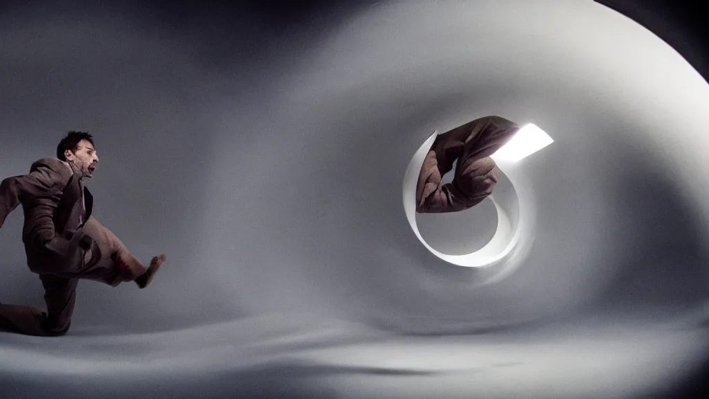 Prompt: A man falling into a 5 hour vortex, film still from the movie directed by Denis Villeneuve with art direction by Salvador Dalí, wide lens