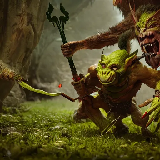 Image similar to goblin throwing a spear and at an ent, dungeons and dragons, fantasy, octane render, highly detailed, artstation, 8 k, cinematic