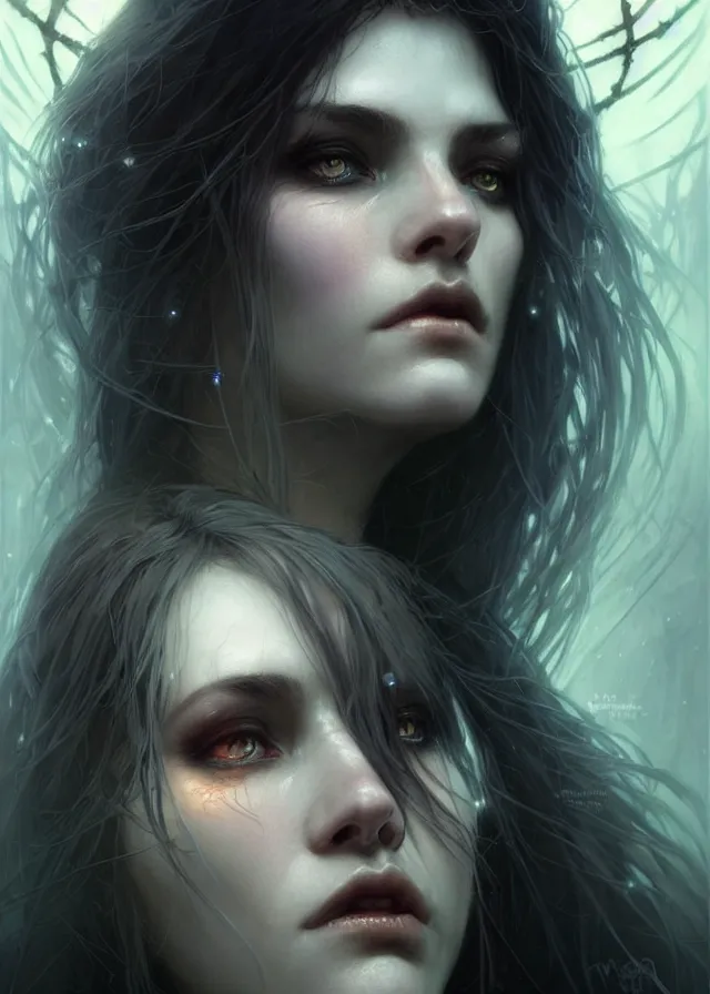 Image similar to Necromancer Sorceress face close-up macro in center, fantasy magic, undercut hairstyle, dark light night, intricate, elegant, sharp focus, illustration, highly detailed, digital painting, concept art, matte, art by WLOP and Artgerm and Greg Rutkowski and Alphonse Mucha, masterpiece