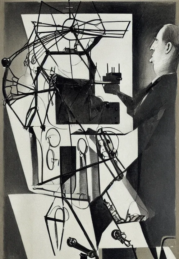 Image similar to a concept drawing of marcel duchamp holding up a chess - piece wire - machine, a surrealist painting by marcel duchamp, complex artificial - intelligence machinery, minimal sketch flow - chart, academic art, 1 9 2 0 s