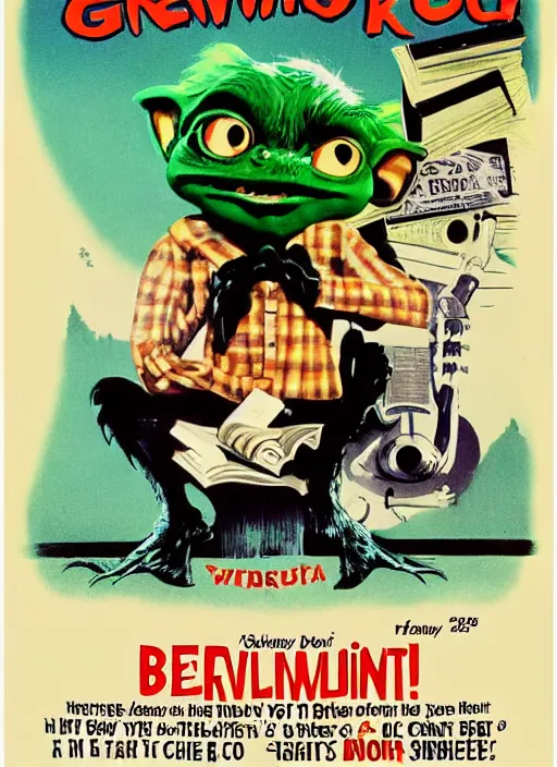 Prompt: a book with a picture of a gremlin ( 1 9 8 4 ) on it, poster art by harvey kurtzman, behance contest winner, pop surrealism, concert poster, poster art, movie poster