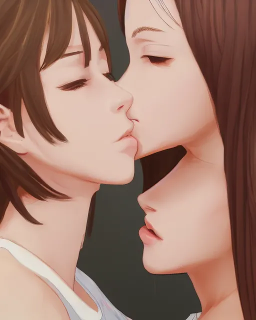 Image similar to portrait of a girl kissing another girl on the neck, anime, trending on Artstation