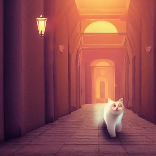 Image similar to a cat that is walking down a hallway, egyptian art by hanns katz, pixabay contest winner, magical realism, anamorphic lens flare, storybook illustration, matte painting