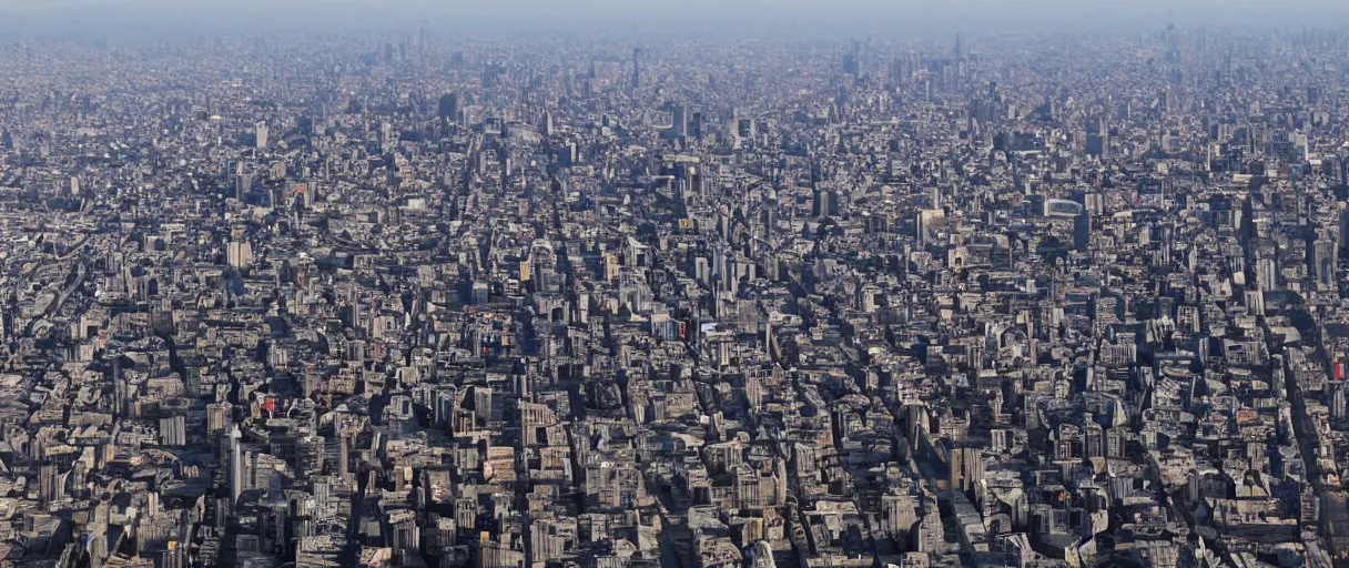 Prompt: a view of a dystopian city surrounded by a humongous wall, from the stratosphere