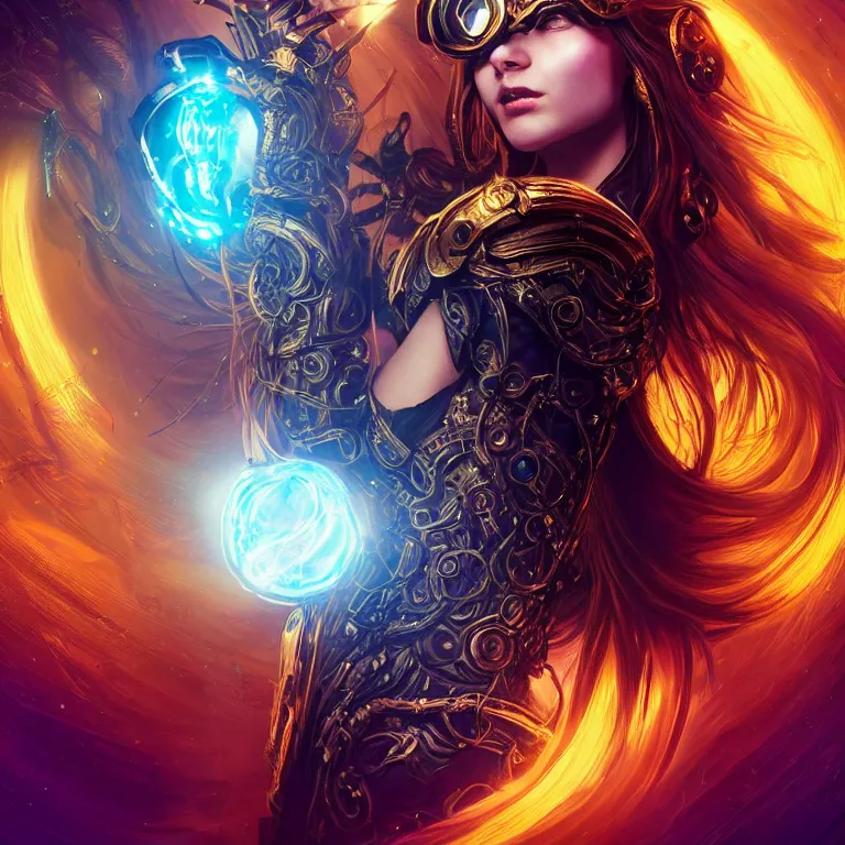 Image similar to beautiful cinematic fantasy poster, a beautiful cyberpunk goddess wearing ornate gold sci-fi goggles, flowing illuminated hair, beautiful glowing galaxy eyes, wideshot ultrawide angle epic scale, hybrid from The Elden Ring and art direction by Darius Zawadzki ;by artgerm; wayne reynolds art station; cinematic quality character render; low angle; ultra high quality model; production quality cinema model;