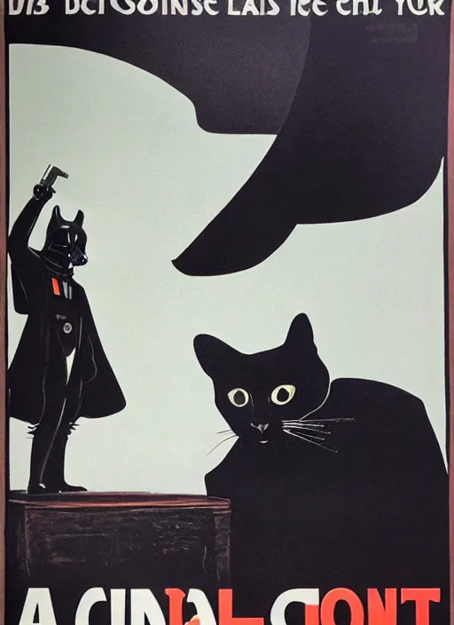 Image similar to a propaganda poster depicting a cat looking like darth vader