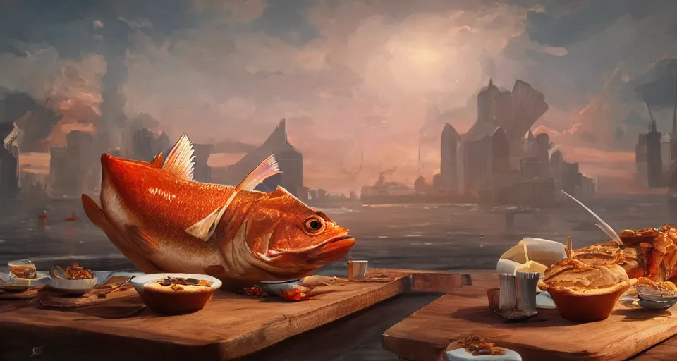 Image similar to a beautiful painting of a fish eating pies, gigantic, octane render, brilliantly coloured, intricate, ultra wide angle, trending on artstation, dusk, volumetric lighting, polished, micro details, ray tracing, 8k