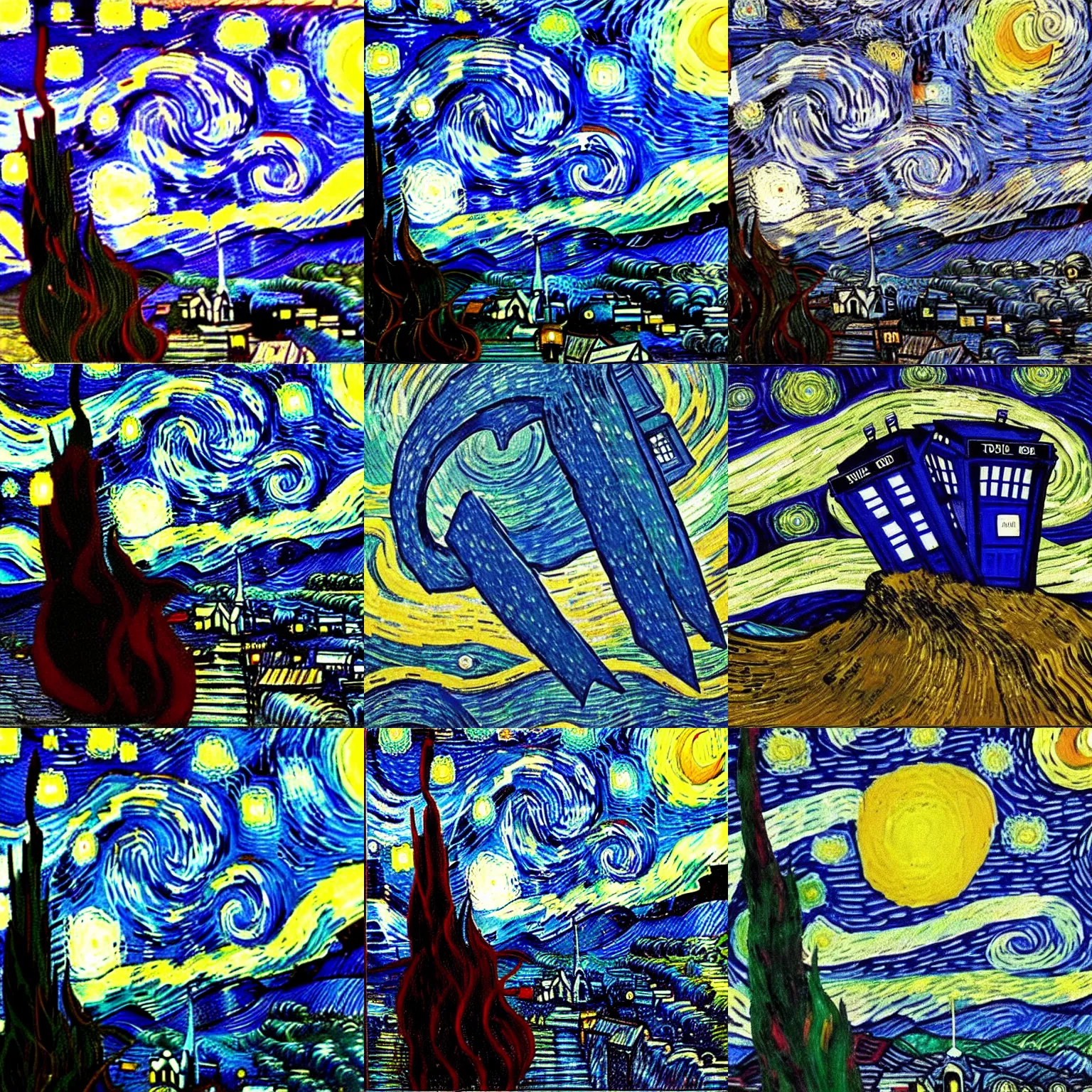 Prompt: flying tardis in The Starry Night by Van Gogh