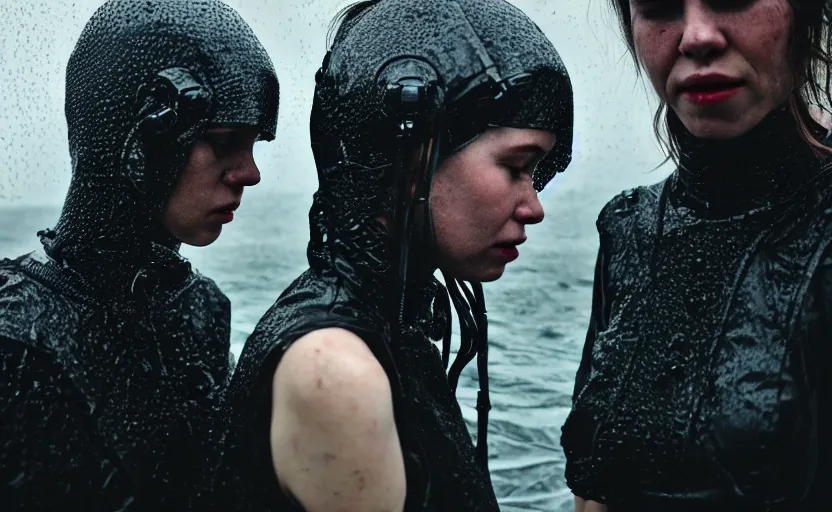 Image similar to cinestill 5 0 d candid photographic portrait by helen levitt of two loving female androids wearing rugged black mesh techwear in treacherous waters, extreme closeup, modern cyberpunk moody depressing cinematic, pouring rain, 8 k, hd, high resolution, 3 5 mm, f / 3 2, ultra realistic faces, ex machina