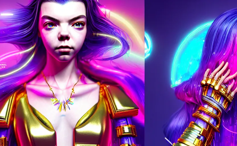 Image similar to hyperdetailed portrait of a stunningly beautiful cyberpunk cutie anya taylor joy made of iridescent metals and shiny pink gems, bright rainbow nimbus, gold necklace, gold background inspired by ross tran and masamune shirow and kuvshinov, intricate, photorealistic, octane render, rtx, hdr, unreal engine, dnd digital art by artgerm