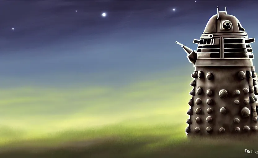 Image similar to a cell - shaded studio ghibli concept art study of a dalek on a misty starry night. very dull colors, hd, 4 k, hq