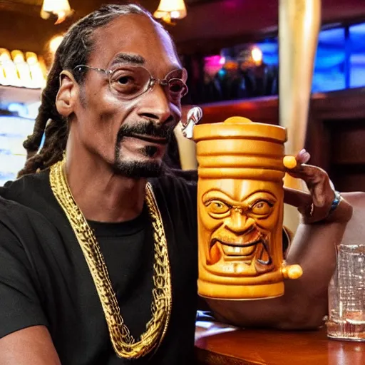 Image similar to snoop dogg at trader vic's bar holding a tiki mug with his face on it