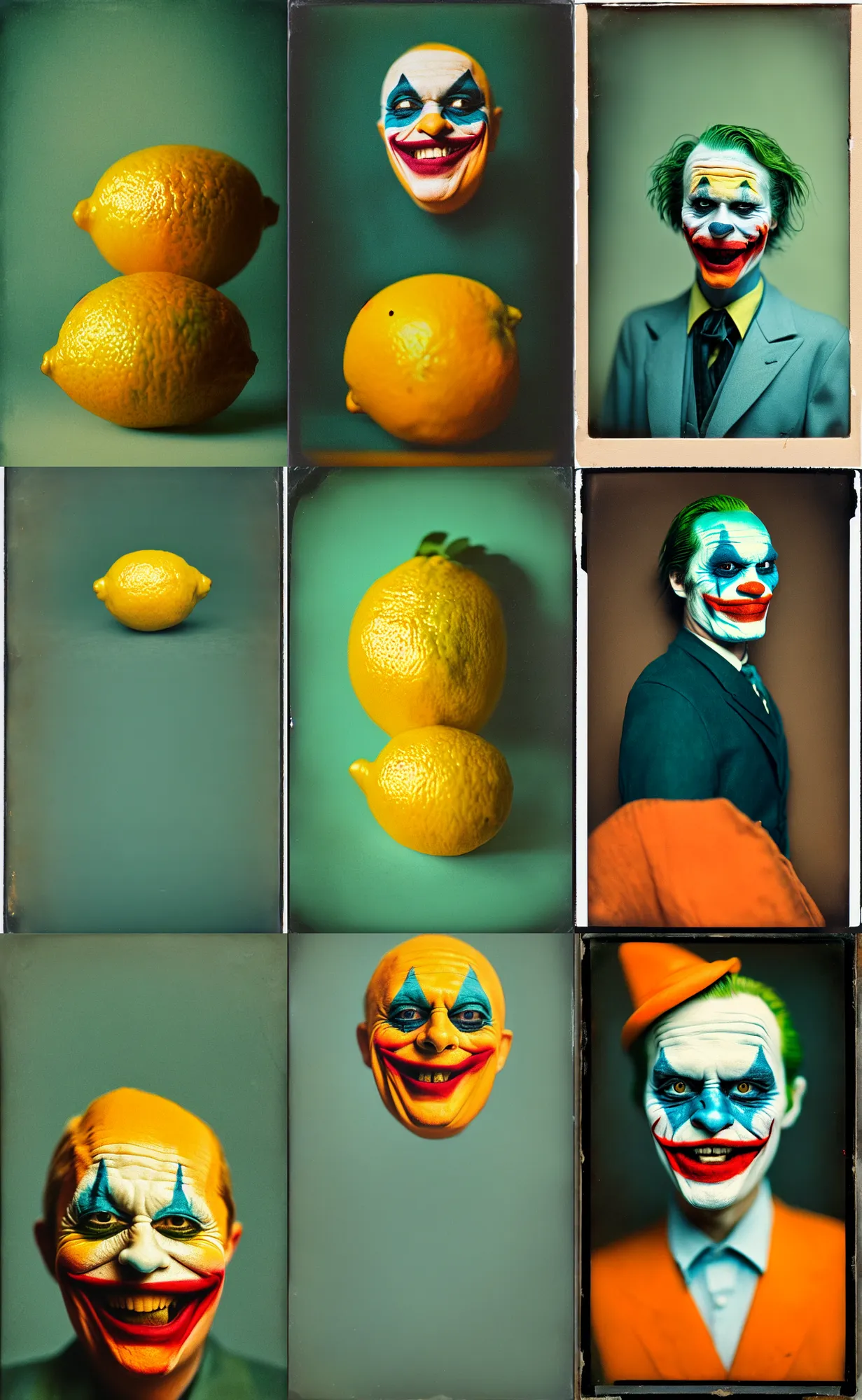 Image similar to kodak portra 4 0 0, wetplate, 8 k, shot of a highly detailed, britt marling style, colour still - life portrait of a lemon looks like 1 9 9 9 joker, teal and orange, muted coloures