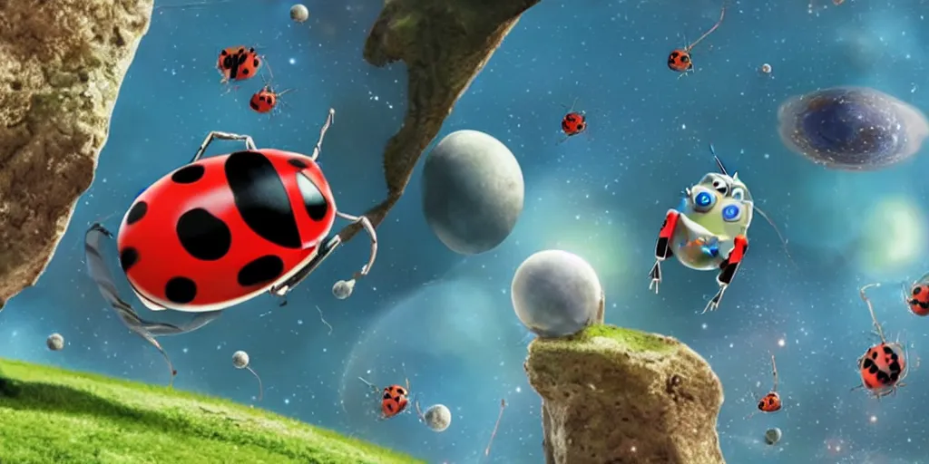 Image similar to a 3 d rendered movie still from a distance of 3 0 m of a ladybug 1 million years from now. the ladybug is sentient, wears tiny spacesuit, and conquered space exploration in a tiny space ship. science fiction blockbuster movie ladybugs rule the world, imax 7 0 mm. buzz lightyear.