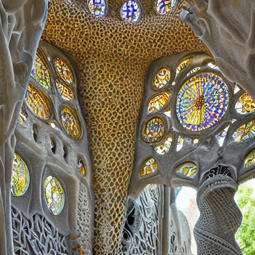 Prompt: intricate detailed visionary architecture and gardens by antoni gaudi, john stephens, alex gray