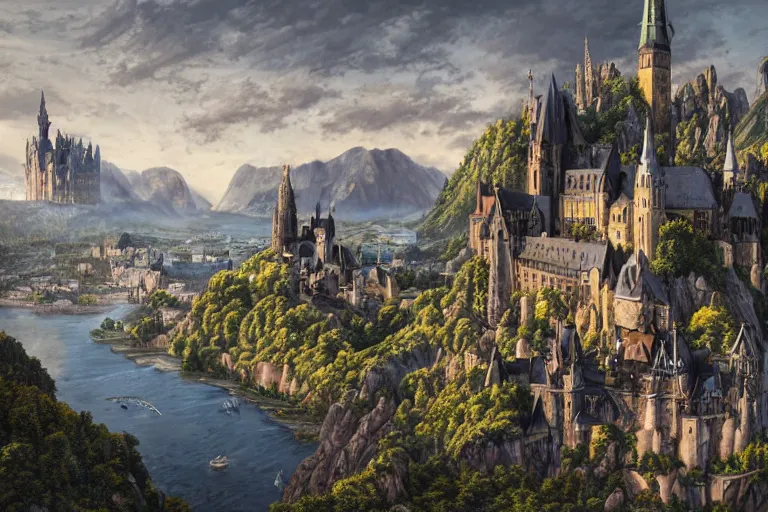 Image similar to an ultra detailed matte landscape painting of an german medieval capital city built into the side of a mountain, gothic architecture, sweeping vista, a large highway leading to tiny coastal fishing village very far away, ultrawide lens, aerial photography, 8 k, volumetric lighting, smooth, highly detailed, digital illustration, art by greg rutkowski and akira toriyama and artgerm