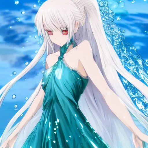 Prompt: a very beautiful anime girl wearing a dress made of water standing in a crystal lake in a futuristic emerald city, full body, long white hair with azure blue highlights blending into the dress , azure blue watery eyes, full round face, seductive over the shoulder glances , lens flare, cinematic lighting, medium shot, mid-shot, reflective surfaces, water droplets, caustic lighting , highly realistically detailed, trending on artstation, Unreal Engine 4k, Stanley Artgerm Lau, WLOP, Rossdraws, James Jean, Andrei Riabovitchev, Marc Simonetti, and Sakimichan