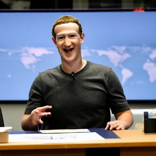 Image similar to laughing mark Zuckerberg at a busy military situation room with giant monitors. Cross hairs and military vision are on the screens.