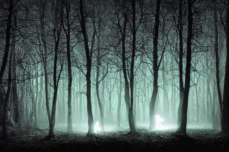 Image similar to a creepy dark forest illuminated by a bioluminescent stag, night