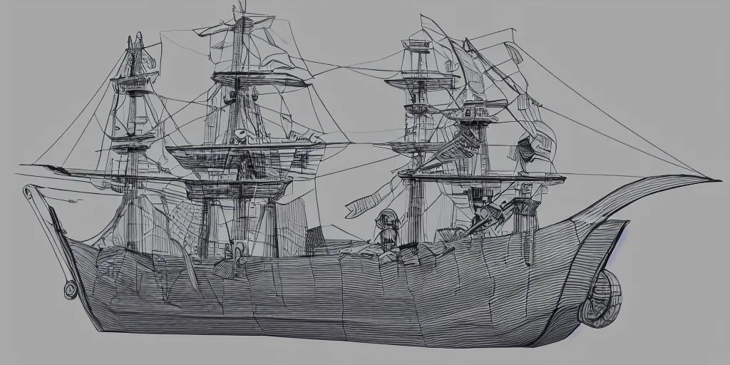 Image similar to a pirate ship, clean line art, drawing, sketching, kitbash 3 d, art by hebron ppg