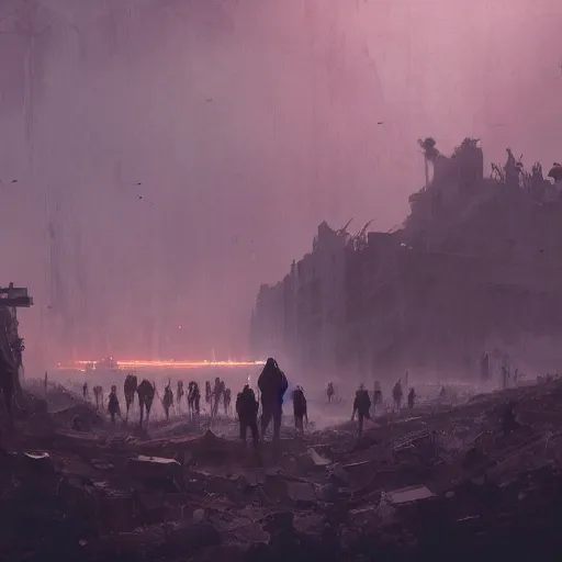 Image similar to few people in a post apocalyptic earth as seen by greg rutkowski, dark theme, enchanted, warm colors, high quality, waw, trending on artstation