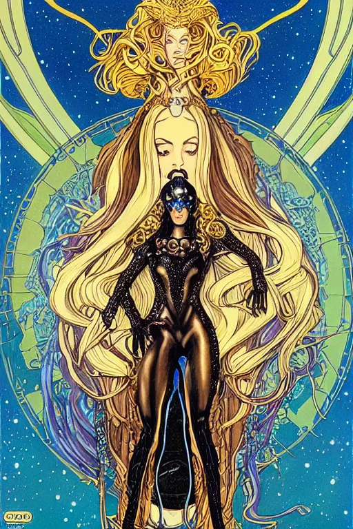 Image similar to Portrait of an epic space queen sorceress with long hair wearing catsuit with ornate bronze and gold, Art Nouveau, retro science fiction poster by Elisabeth Sonrel and Kelly Freas (1965), character concept art, 4k, cgsociety, artgerm