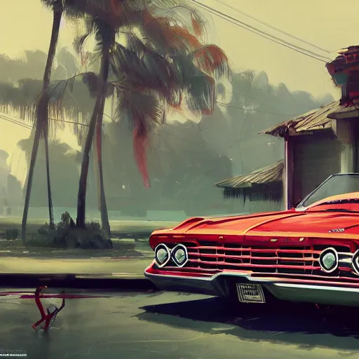 Prompt: concept art, 1 9 6 4 red impala lowrider, 8 k, by james gurney, greg rutkowski, john howe, artstation