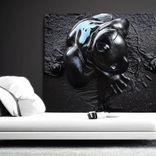 Image similar to a shiny black goo covered panther laying on a tar covered white couch in a living room, dripping and drooling black goo. digital art